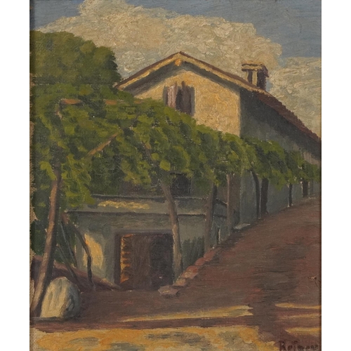 3250 - Street scene with roadside building, French school oil on board, inscribed verso, bearing and indist... 