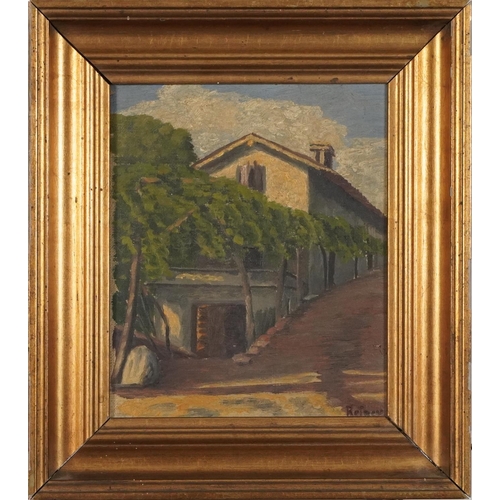 3250 - Street scene with roadside building, French school oil on board, inscribed verso, bearing and indist... 