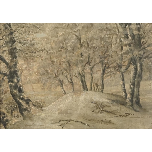 3249 - Snowy woodland, 19th/20th century oil on canvas inscribed E Wettstein verso, mounted and framed, 25c... 