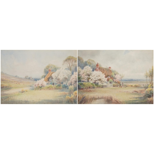 3262 - John Reginald Goodman - Chickens and cottages, pair of early 20th century watercolours, mounted, fra... 