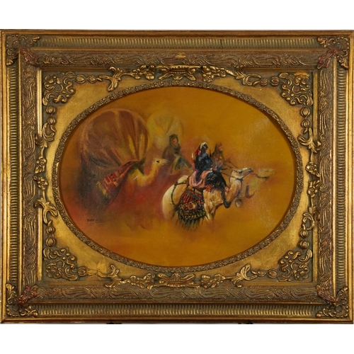 3049 - Thaer - Figures and camels, Orientalist oval oil on canvas, housed in an ornate gilt frame, 39cm x 2... 