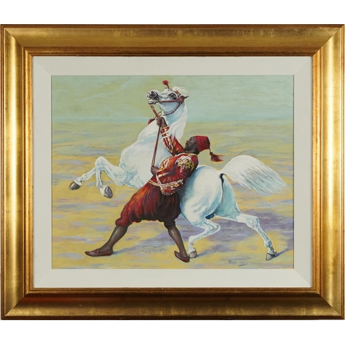 3045 - Thaer 1991 - Horse trainer with Arabian horse, Orientalist oil on board, mounted and framed, 51.5cm ... 