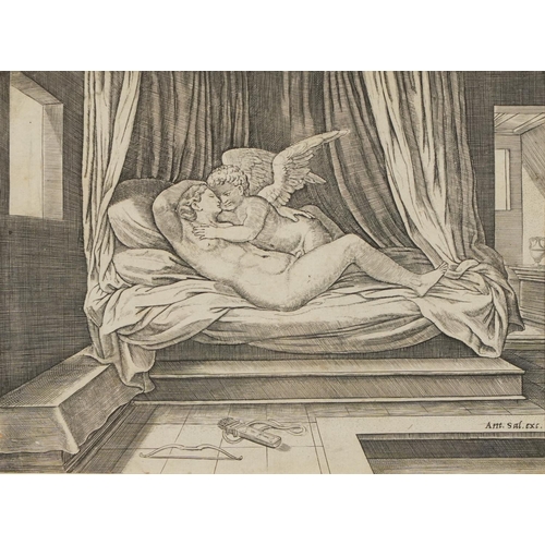 3272 - Nude female with Putti in an interior, early 19th century engraving, mounted, framed and glazed, 22.... 