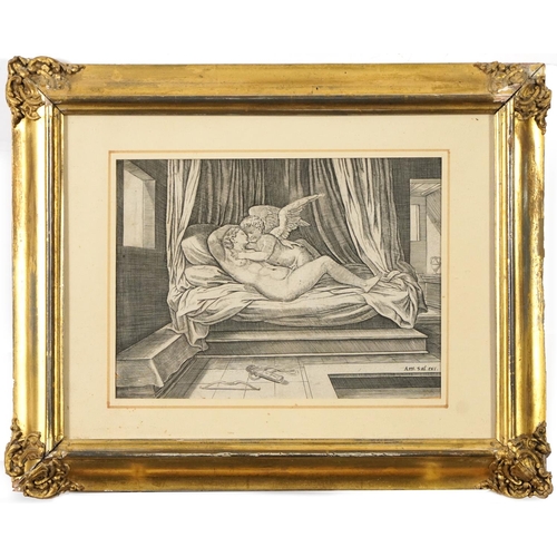 3272 - Nude female with Putti in an interior, early 19th century engraving, mounted, framed and glazed, 22.... 