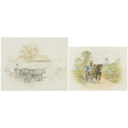 3083 - Christopher I Jarvis - Workhorse and cart before farm building, pair of watercolours, each mounted, ... 