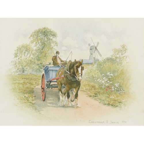 3083 - Christopher I Jarvis - Workhorse and cart before farm building, pair of watercolours, each mounted, ... 