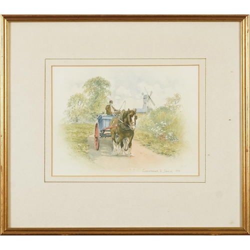 3083 - Christopher I Jarvis - Workhorse and cart before farm building, pair of watercolours, each mounted, ... 