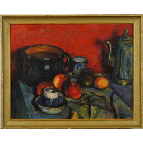 3196 - Still life, vessels and fruit, Camden Town school oil on board, mounted and framed, 45cm x 35cm excl... 