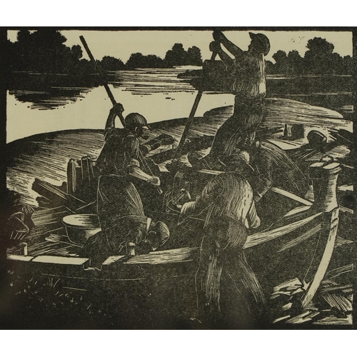 3007 - Clare Leighton - Men breaking up a barge, wood engraving, various inscriptions verso including The L... 