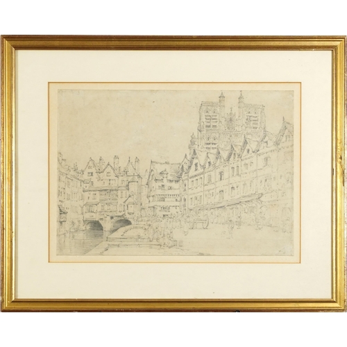 3093 - Henry Edridge - Continental town scene with figures, possibly Bruges, 19th century pencil, inscribed... 