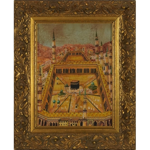 3278 - View of Mecca on canvas, mounted and framed, 22.5cm x 16cm excluding the mount and frame