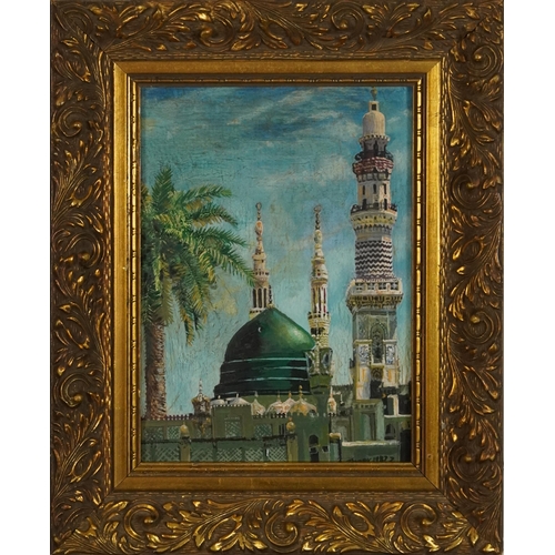 3275 - Thaer 1987 - Medina, Islamic oil on canvas, mounted and framed, 22.5cm x 16cm excluding the mount an... 