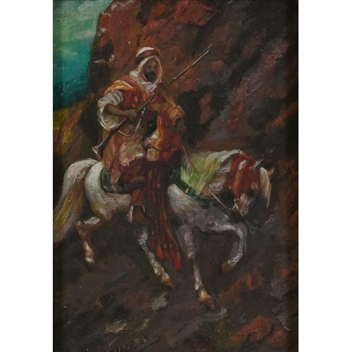 3273 - Thaer '89 - Warrior on horseback, Orientalist oil on board housed in an ornate gilt frame, 16.5cm x ... 