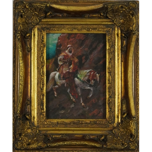 3273 - Thaer '89 - Warrior on horseback, Orientalist oil on board housed in an ornate gilt frame, 16.5cm x ... 