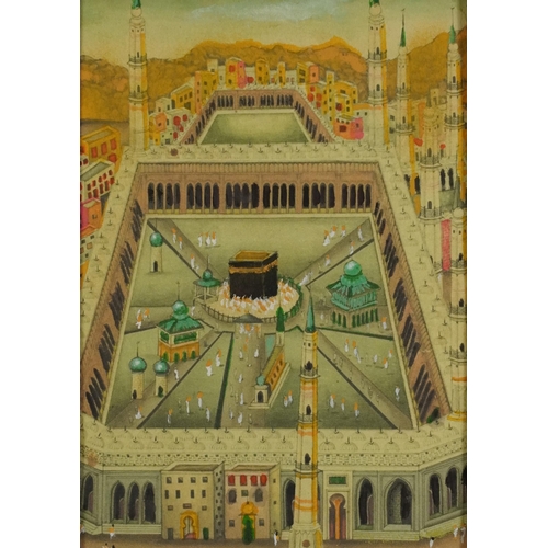 3279 - View of Mecca on card, mounted and framed, 16.5cm x 11.5cm excluding the mount and frame