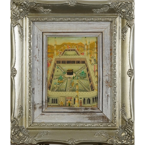 3279 - View of Mecca on card, mounted and framed, 16.5cm x 11.5cm excluding the mount and frame