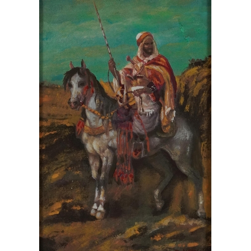 3271 - Warrior on horseback, Orientalist oil on board, indistinctly signed, possibly I Alte...?, housed in ... 