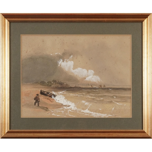 3276 - Coastal scene with choppy seas, 19th century mixed media, mounted, framed and glazed, 35cm x 26cm ex... 