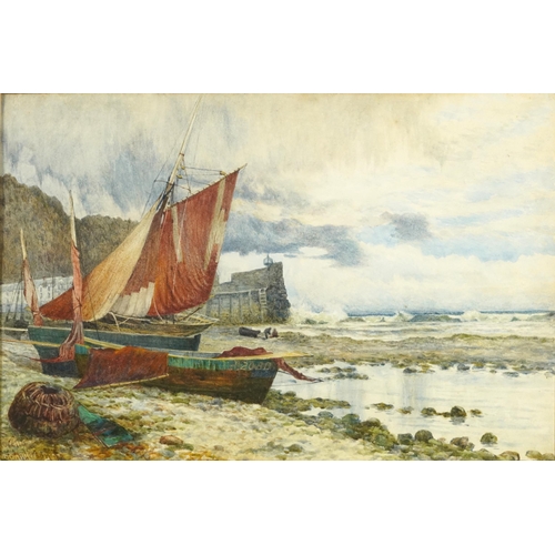 3282 - J F Anderson '91 - Coastal landscape with moored fishing boats before a lighthouse, late 19th centur... 