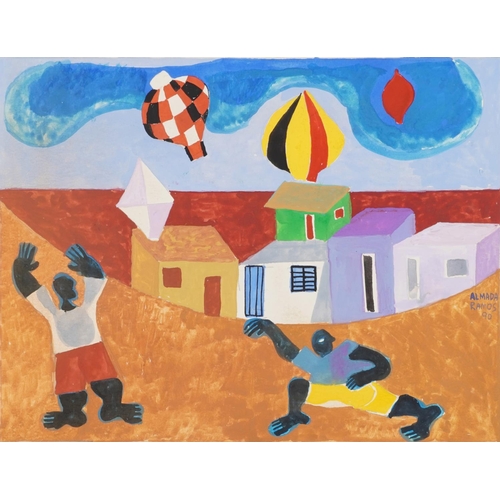 3238 - Francisco Almada Ramos - Two figures playing with a kite and two others, three mixed medias, two mou... 