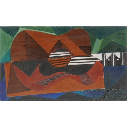 3237 - Francisco Almada Ramos 1989 - Guitar, Brazilian school oil, mixed media and collage on canvas board,... 