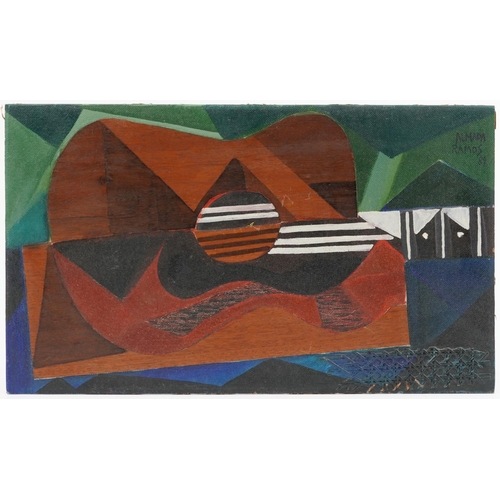 3237 - Francisco Almada Ramos 1989 - Guitar, Brazilian school oil, mixed media and collage on canvas board,... 