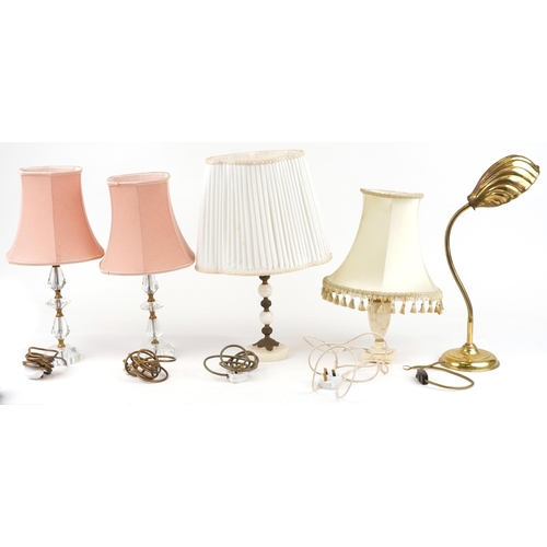 1340 - Five vintage and later table lamps including a pair and a Beco brass adjustable example with shell d... 