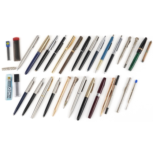 529 - 19th century and later fountain pens, ballpoint pens and pencils, some with gold nibs, including Par... 