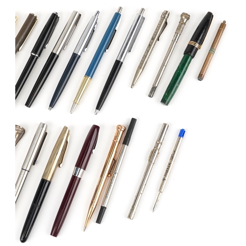 529 - 19th century and later fountain pens, ballpoint pens and pencils, some with gold nibs, including Par... 