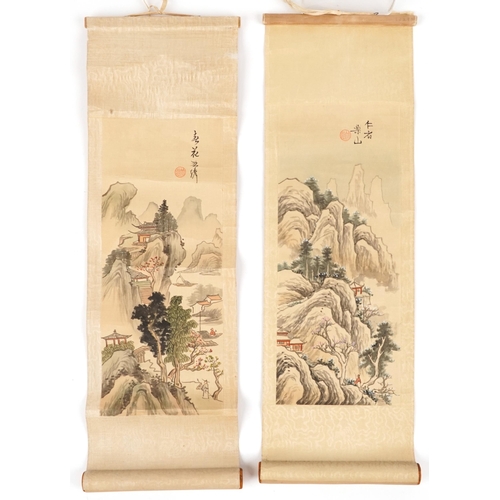 1599 - Two Chinese watercolour landscape scrolls on silk signed with red seal marks, the largest 33cm x 13.... 