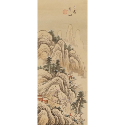 1599 - Two Chinese watercolour landscape scrolls on silk signed with red seal marks, the largest 33cm x 13.... 