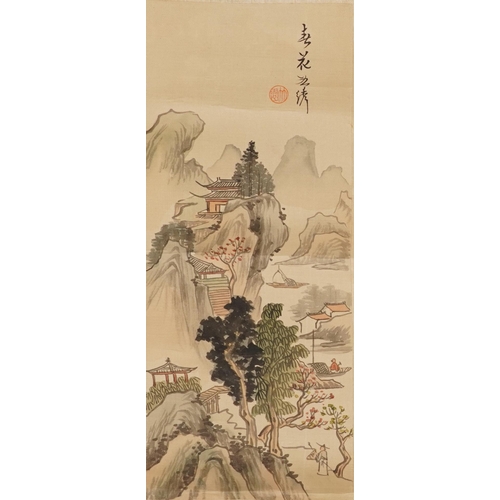 1599 - Two Chinese watercolour landscape scrolls on silk signed with red seal marks, the largest 33cm x 13.... 