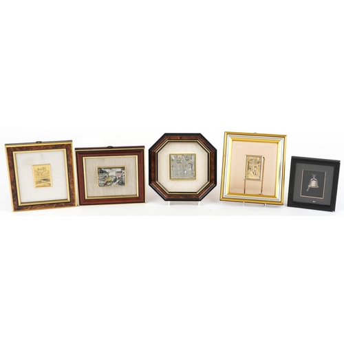 434 - Four Italian silver plaques and a gold foil landscape view, each mounted and framed, the largest 7.5... 