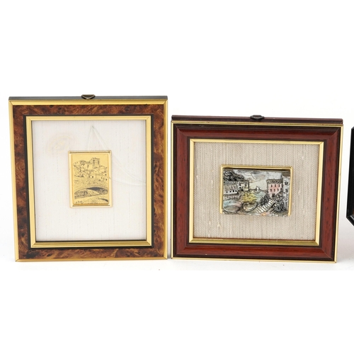 434 - Four Italian silver plaques and a gold foil landscape view, each mounted and framed, the largest 7.5... 