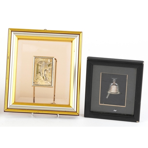 434 - Four Italian silver plaques and a gold foil landscape view, each mounted and framed, the largest 7.5... 