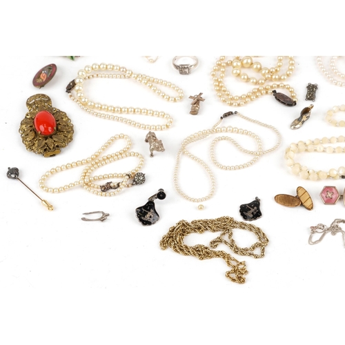 2550 - Vintage and later costume jewellery, some silver, and military badges including pearl necklace with ... 