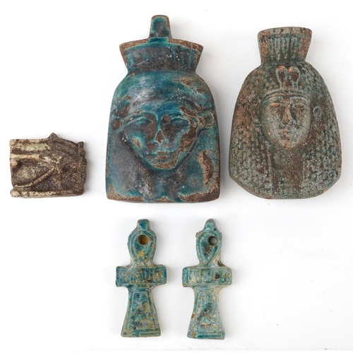 1378 - Two Egyptian style faience glazed amulets and three others, the largest 11cm high