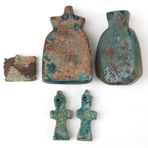 1378 - Two Egyptian style faience glazed amulets and three others, the largest 11cm high