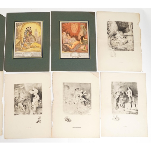 1513 - Vintage print and etchings after A Willette and Andre Lambert, each unframed, each 36cm x 26.5cm