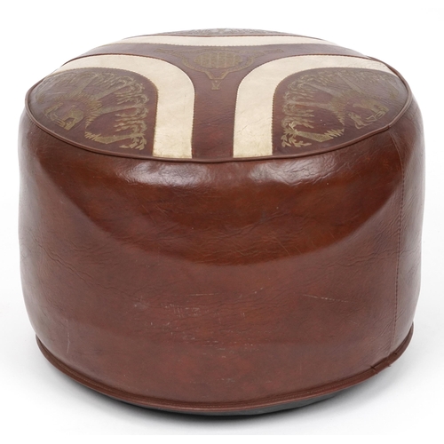 1076 - Sherborne circular leather footstool, the top with palm and camel decoration, 40cm in diameter