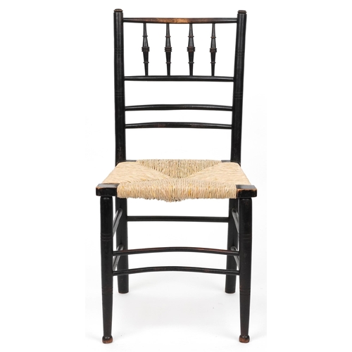 1089 - Attributed to Philip Webb for Morris & Co, Arts & Crafts ebonised Sussex chair retailed by Liberty o... 