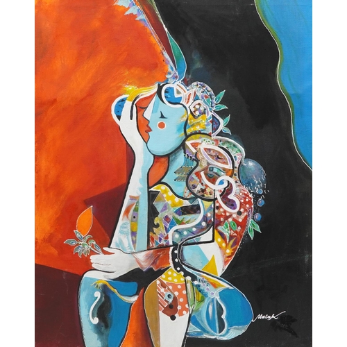 3289 - Malak - Surreal composition, female with flower, oil on canvas, framed, 124cm x 99cm excluding the f... 