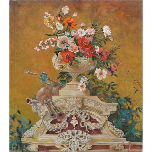 3290 - Thaer '91 - Still life flowers on a carved pedestal, oil on canvas, unframed, 108cm x 95cm