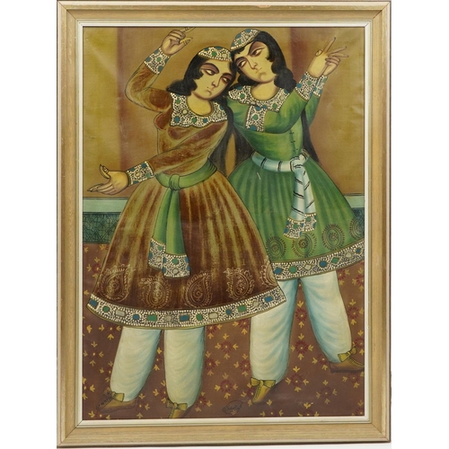 3291 - Full length portrait of two females dancing, Islamic oil on canvas, indistinctly signed, mounted and... 