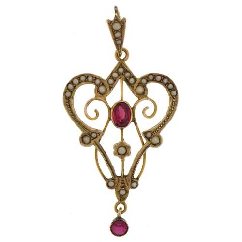 2065 - Edwardian 9ct gold garnet and seed pearl openwork pendant, 5.2cm high, 2.9g