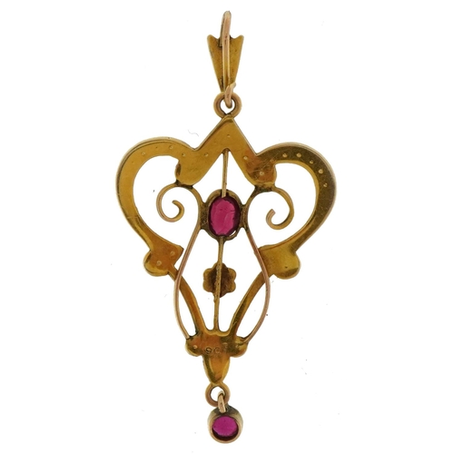 2065 - Edwardian 9ct gold garnet and seed pearl openwork pendant, 5.2cm high, 2.9g