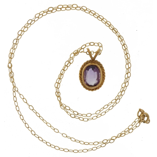 2071 - 9ct gold amethyst pendant on 9ct gold necklace, 1.5cm high and 40cm in length, 1.2g