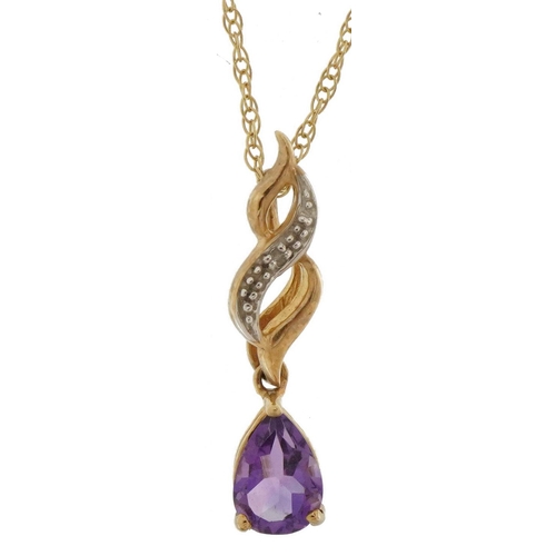 2168 - 9ct gold amethyst teardrop and diamond pendant on a 9ct gold necklace, 2.2cm high and 44cm in length... 