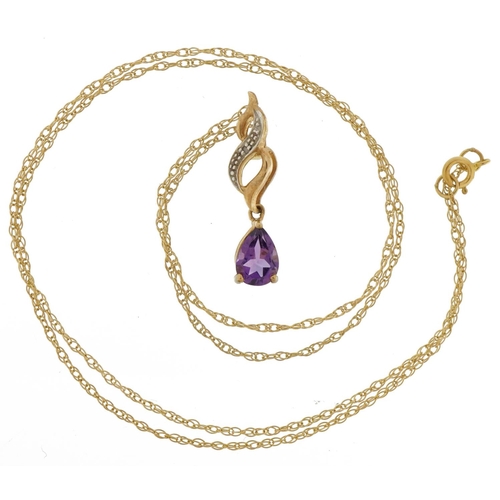 2168 - 9ct gold amethyst teardrop and diamond pendant on a 9ct gold necklace, 2.2cm high and 44cm in length... 