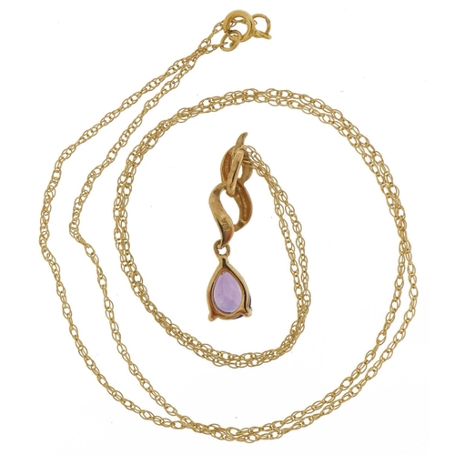 2168 - 9ct gold amethyst teardrop and diamond pendant on a 9ct gold necklace, 2.2cm high and 44cm in length... 